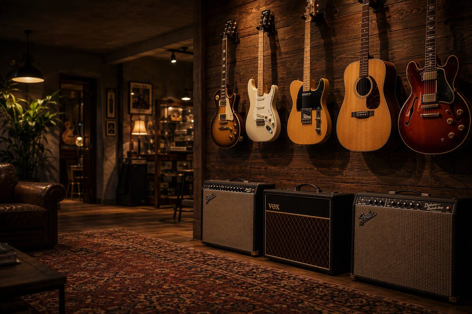 Guitars and amplifiers displayed on a warm wooden wall in a boutique guitar shop